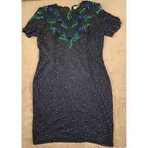 vintage Papell Boutique Beaded Sequin evening Silk Sheath Dress Size 14